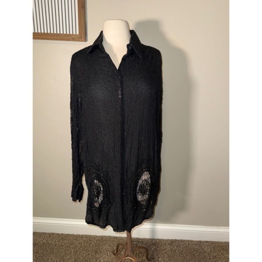 Saks Fifth Avenue Black Beaded Silk Shirt Tunic Style S Rhinestone Embellished
